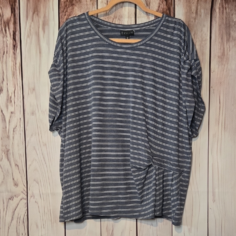 Bobeau Heathered Blue And White Striped Pleated Short Sleeve Top Plus 2X